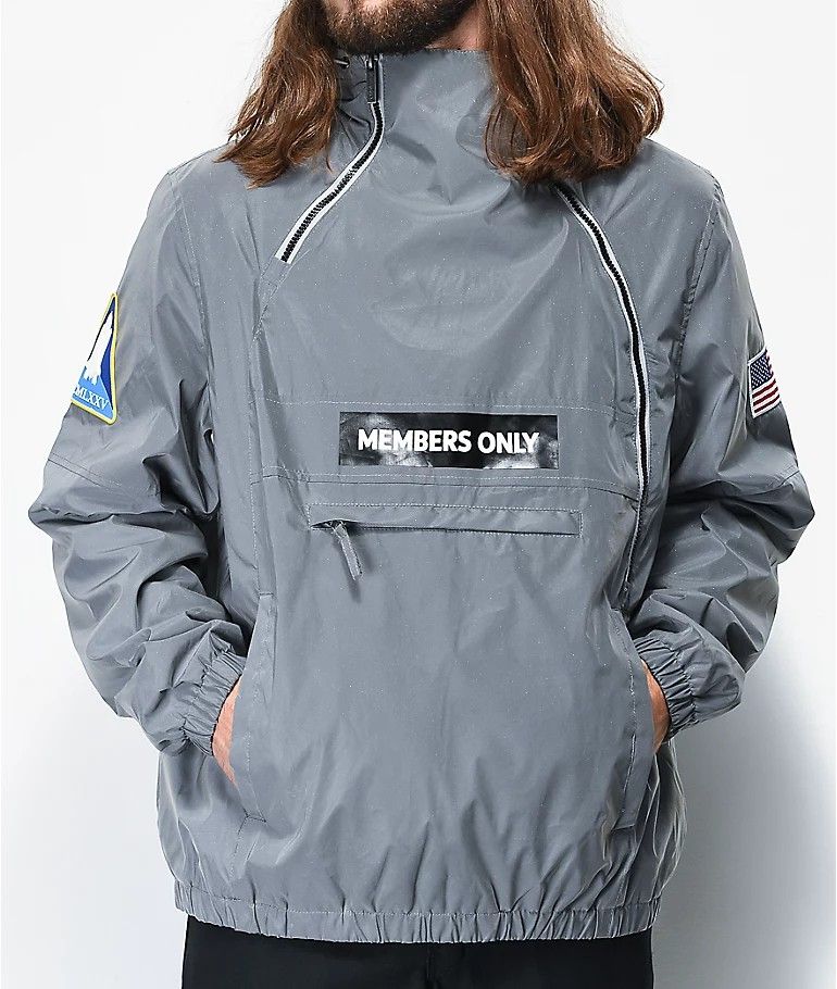Members Only Space Suit Silver Reflective Pullover Jacket Men s