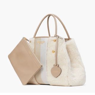 SALES Kate Spade Ella Shearling Small Tote Handbag Satchel Slingbag  Crossbody Teddy Faux Shearling Fluffy Light Fawn Beige Brown / Lilac Frost  Purple