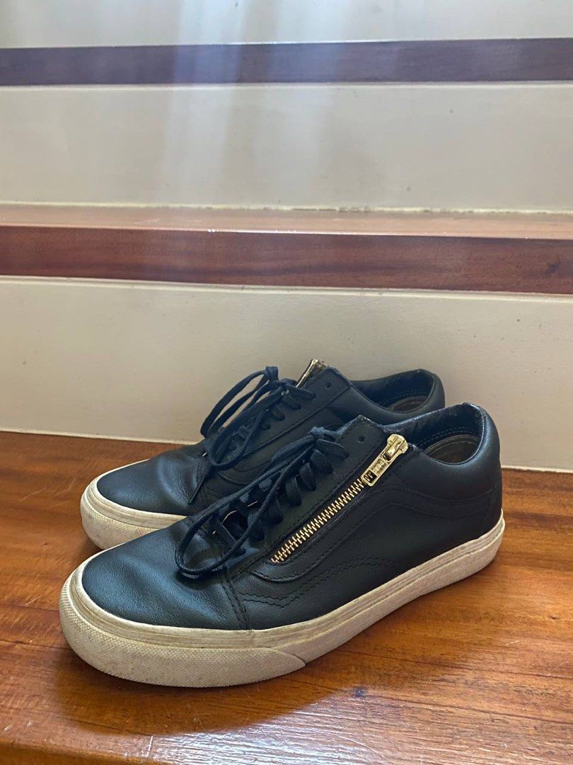 black leather vans with gold zipper