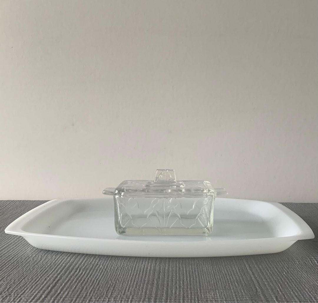 VINTAGE GLASS butter dish, Furniture & Home Living, Kitchenware