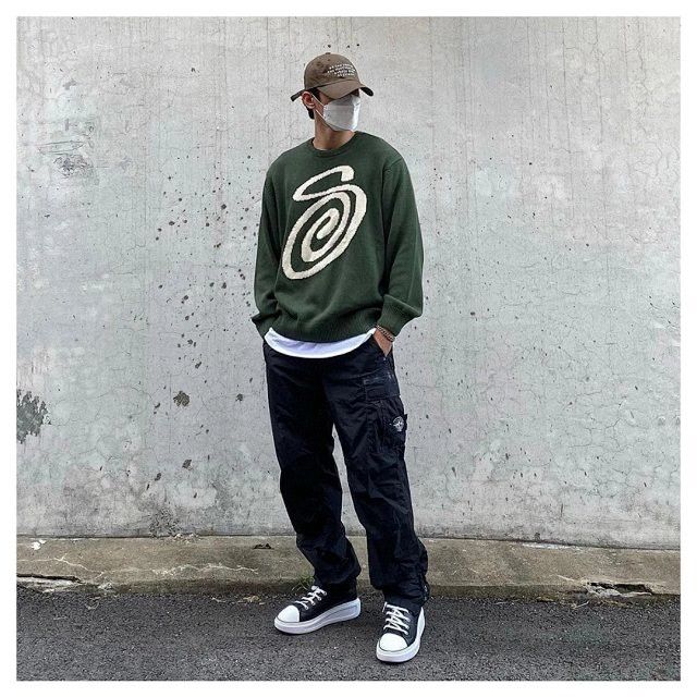 22FW stussy curly size S-XL S 肩48 胸116 長65 袖61 M 肩50 胸120 66