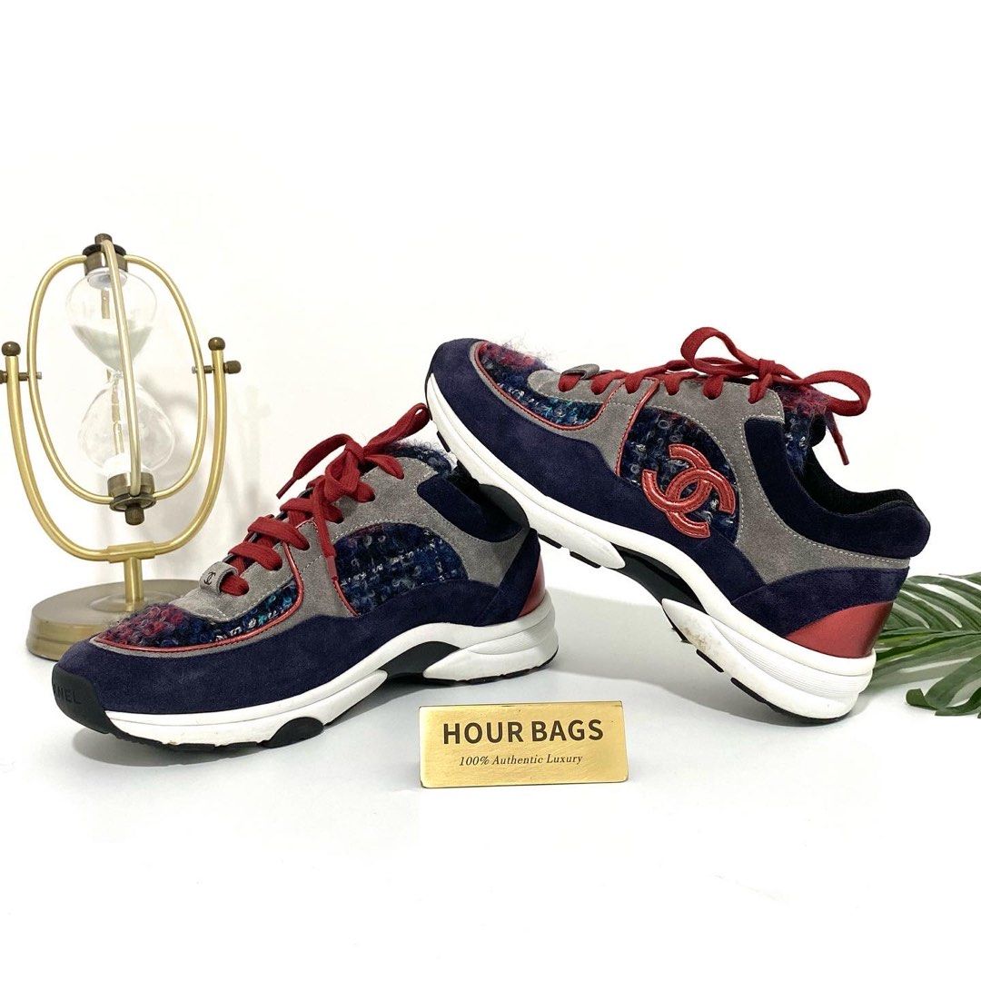 Authentic Chanel Navy Blue Red CC Tweed Suede Sneakers