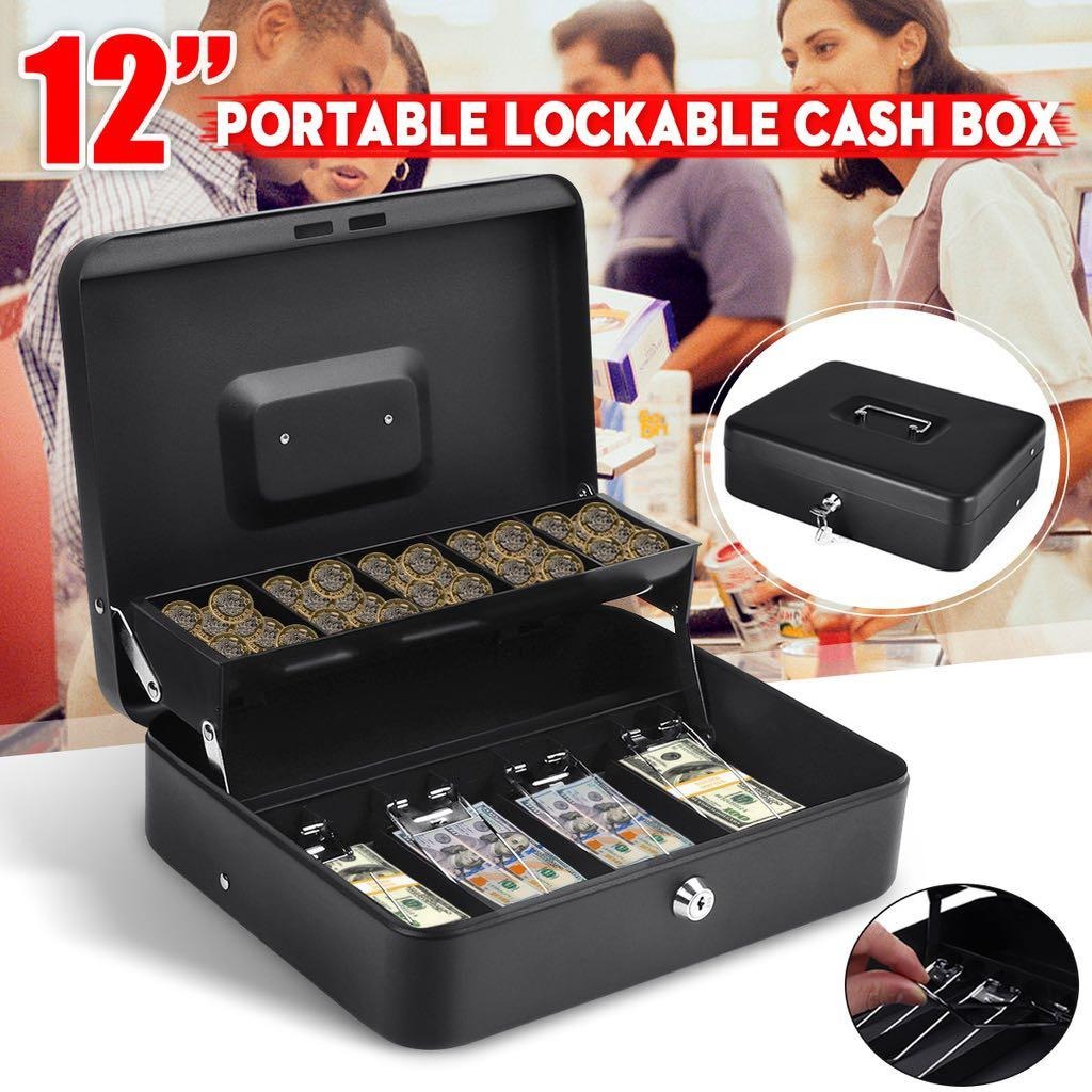 Black Metal Petty Cash Case Safe Money Box Drawer POS Cashier Box ...