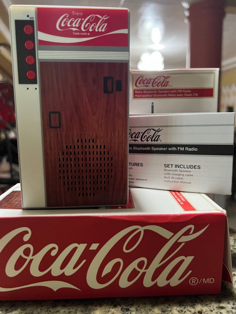 COCA COLA Retro Bluetooth Speaker with FM Radio (Category: Soundbars, Speakers & Amplifiers) located in Bacoor. Submitted by boutiquevilladulce (Listing ID 1200113464, Image 2). Description: Perfect gift idea this Christmas *Price is fixed Take the 2 speakers for ₱1800 FEATURES •BLUETOOTH •FM RADIO • USB PLAYBACK •AUX IN •Handsfree SPECS Bluetooth: JL 4.2 Output: 3Wx1 Range up to 10 meters FM frequency: 87.5MHZ - 108MHZ AUX IN USB port Power Supp