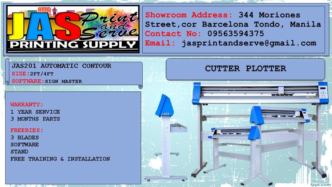 CUTTER PLOTTER (Category: Printers, Scanners & Copiers) located in Manila. Submitted by abbyconde (Listing ID 1200115830, Image 1). Description: AUTOMATIC CONTOUR SIZE:2FT & 4FT SOFTWARE:SIGN MASTER WARRANTY: 1 YEAR SERVICE 3 MONTHS PARTS FREEBIES: 3 BLADES SOFTWARE STAND FREE TRAINING & INSTALLATION .