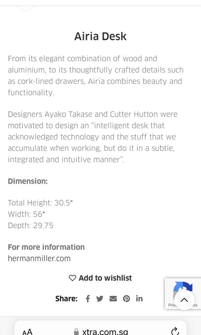 Herman miller USA airia desk, Furniture & Home Living, Furniture