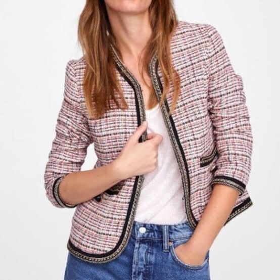 Veste Tweed Zara Noir Argenté Avec Chaîne Métallique - Taille S (UK 8) - Occasion Très Bon état