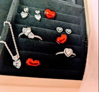 SALE‼️ AUTH PANDORA METALLIC HEART CHARMS 980 EACH, ELEVATED HEART RING AND EARRING SET 1800 ** DOUBLE HEART NECKLACE 1699 ** DOUBLE HEART STUD EARRING 1100 ** DOUBLE HEART RING 1050