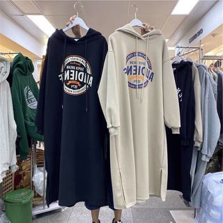 黑色 大碼 加絨 內刷毛 港風 連身裙 連帽