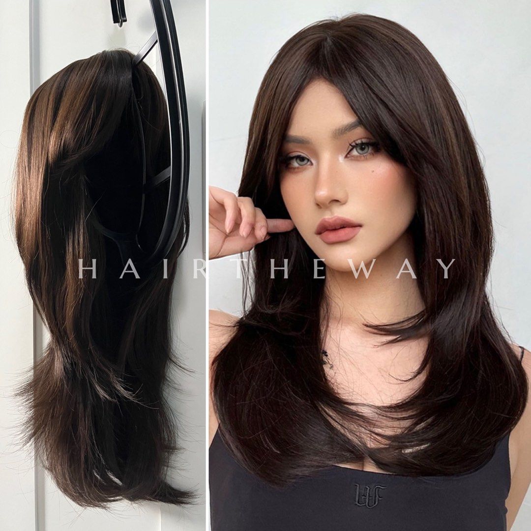 ANALISE | Natural Dark Brown Layered Medium Hair Wig with Side Swept  Curtain Bangs Fringe, Beauty & Personal Care, Hair on Carousell