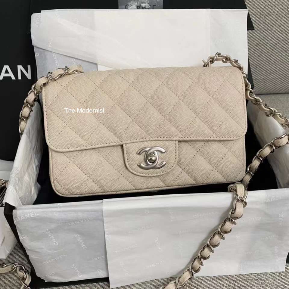 Authentic Chanel Light Taupe Beige Ivory Caviar Leather Mini Flap