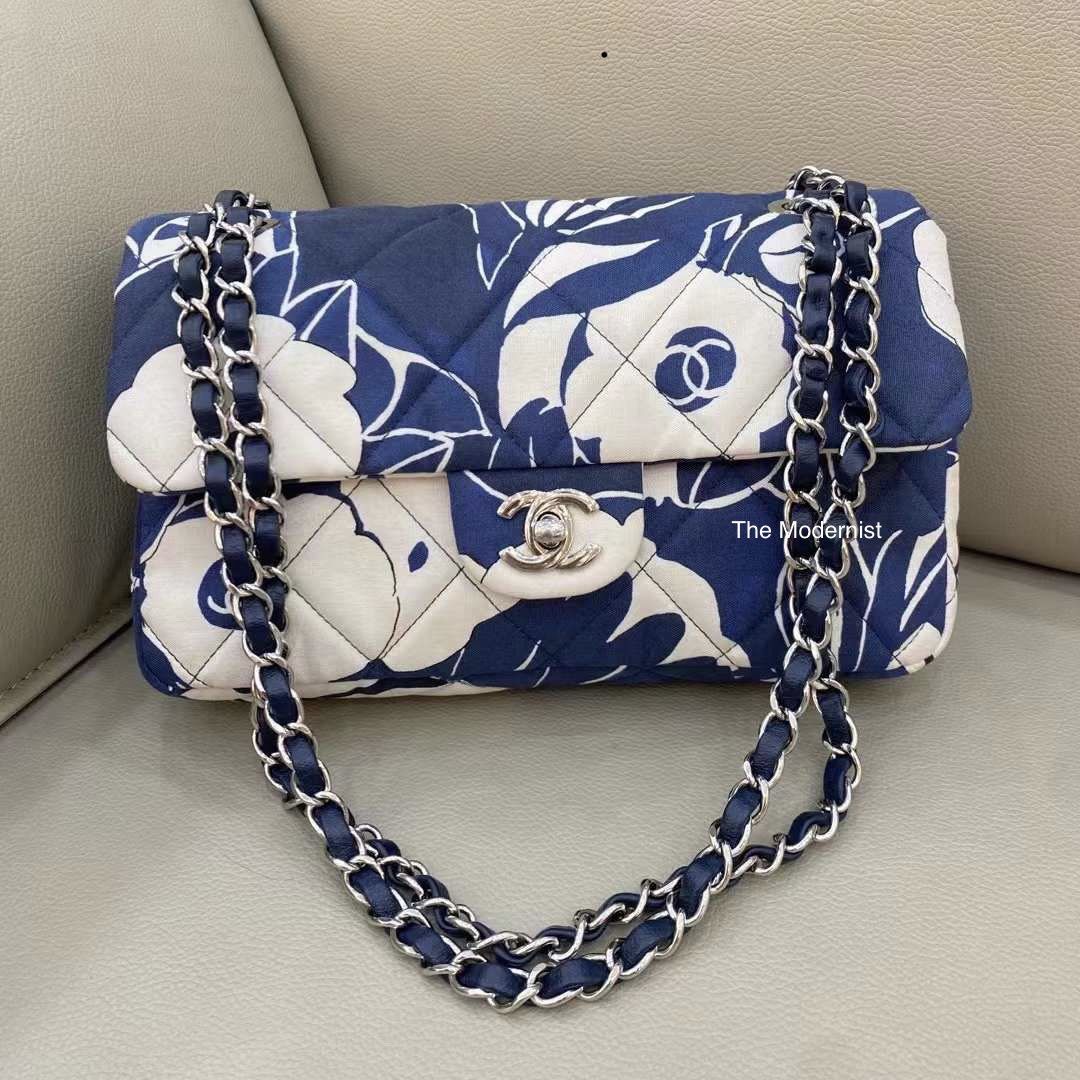 Authentic Chanel Printed Silk Navy Blue and White Medium Flap Bag