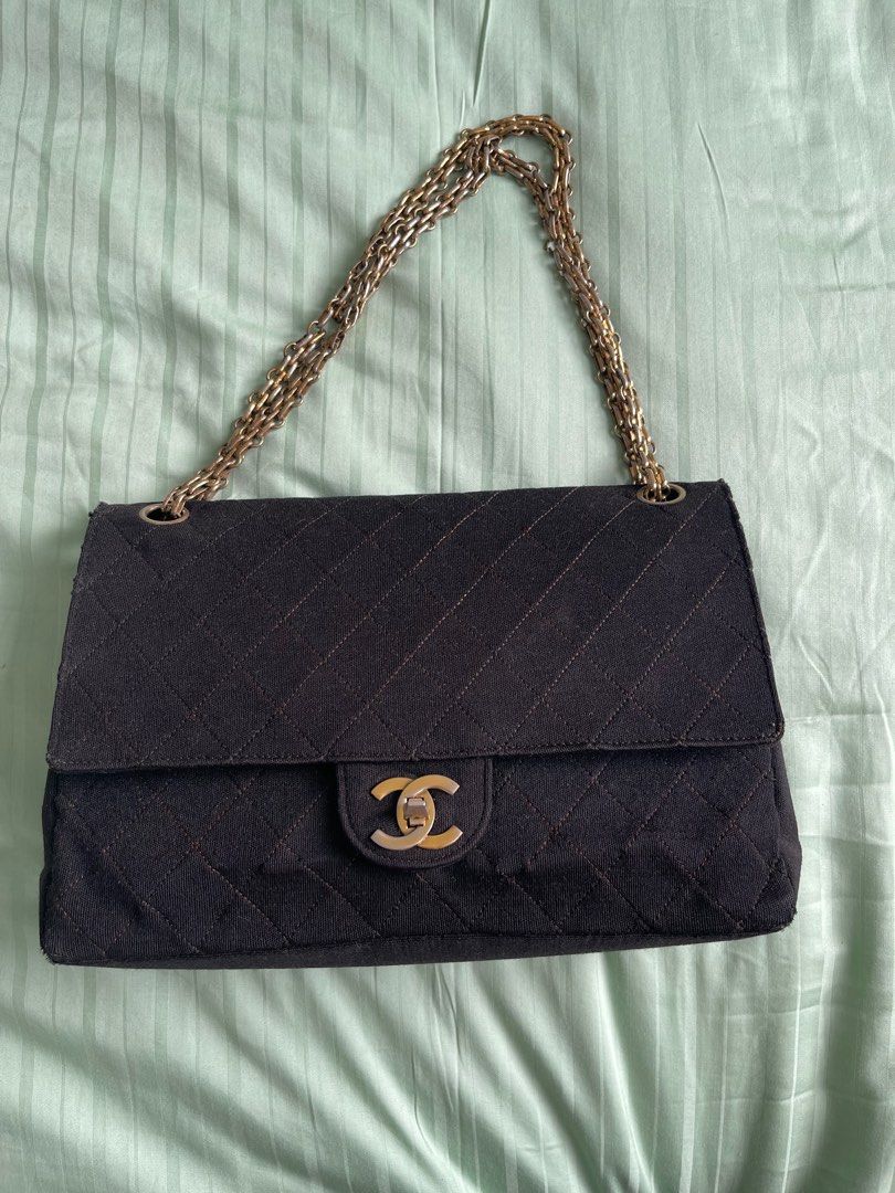 Authentic Vintage Chanel classic black jersey 2.55 medium bag with