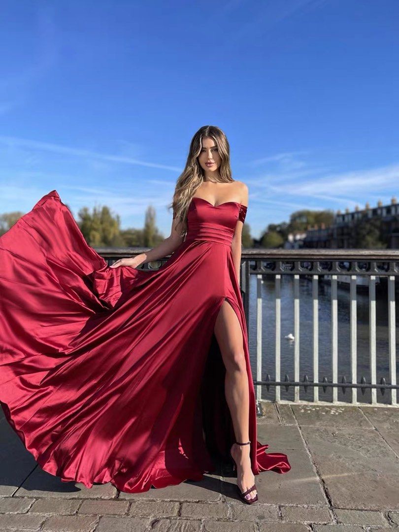 Red silk off cheap the shoulder prom dress