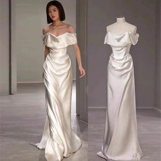 (Can customise) Premium Italy white satin off shoulder elegant evening gown prom dress wedding dress Wedding gown rom dress