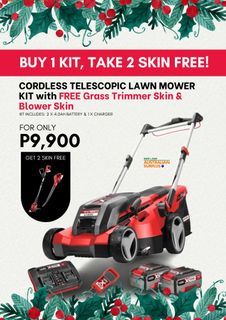 CORDLESS TELESCOPIC LAWN MOWER KIT with FREE Grass Trimmer Skin & Blower Skin