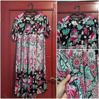 DASTER MAYUNG × homedress wanita katun rayon adem a line home dress mididress midi motif bunga floral santai tidur piyama rumahan busui menyusui kancing depan umberella payung megar hitam pink jumbo bigsize big size ld 110 cm 110110.