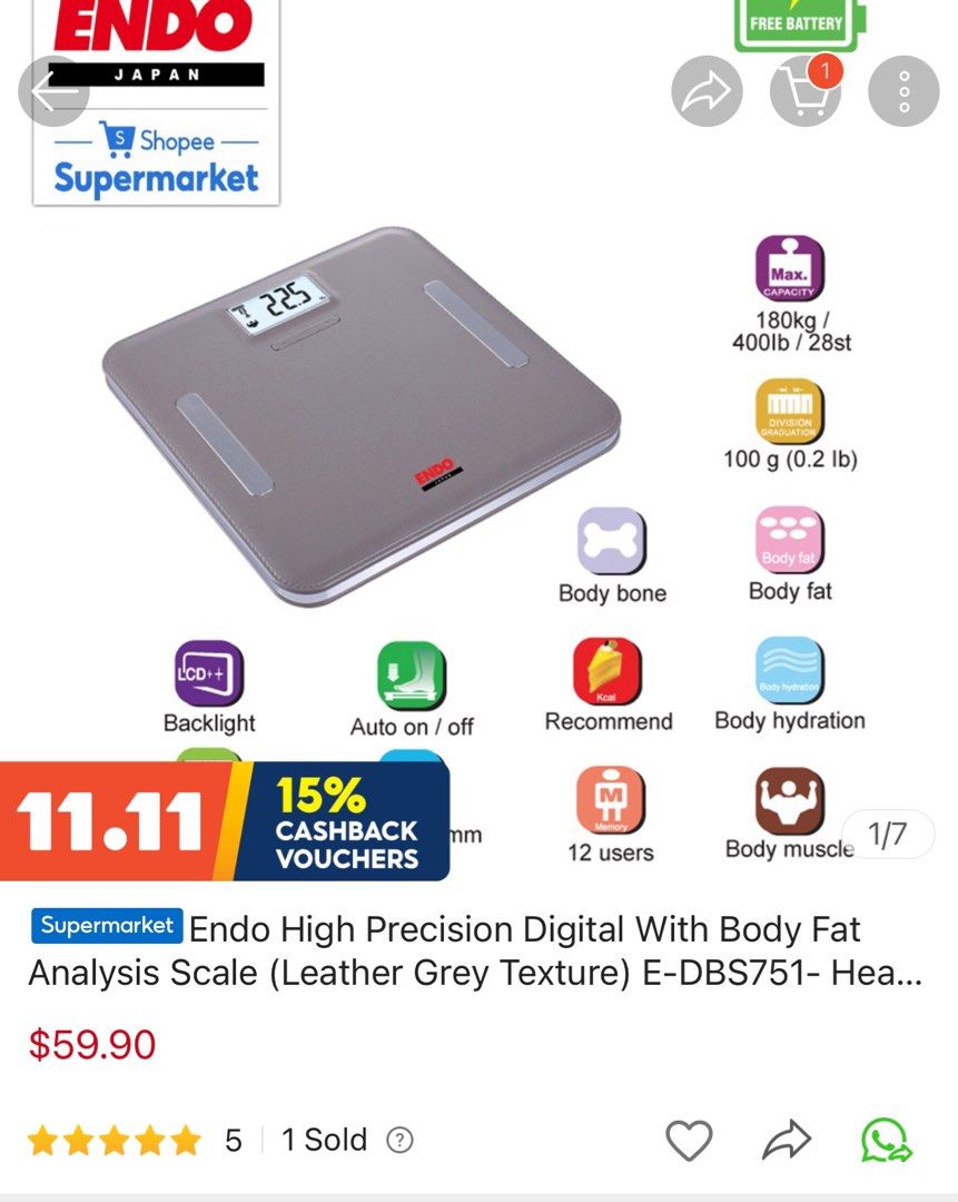 Endo Japan weight scale body fat and hydration monitor, Health