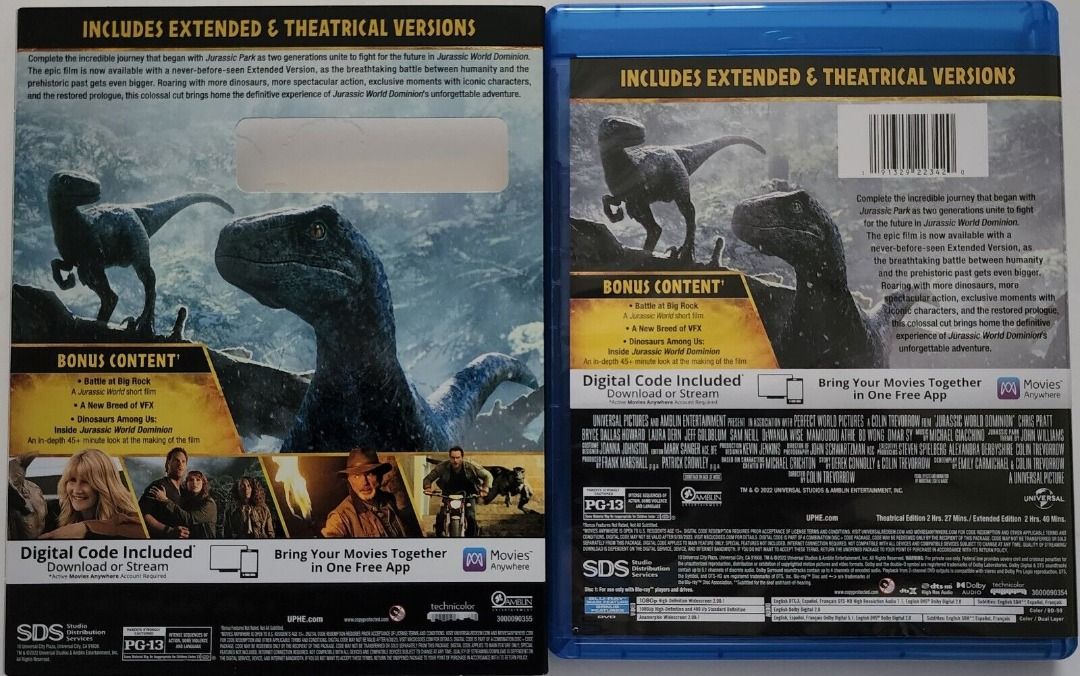 JURASSIC WORLD: DOMINION BLU RAY DVD DISC WITH SLIPCOVER (LIKE