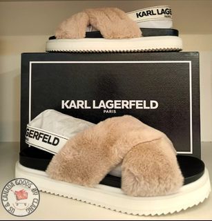 KARL LAGERFELD PARIS Patricia Faux Fur Slingback Sandals, Taupe, Size 7M