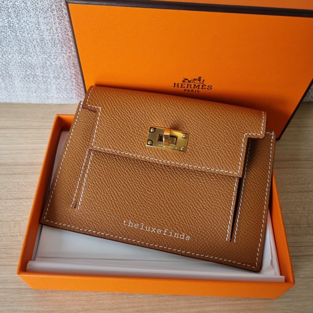 New HERMES Kelly Pocket Compact Wallet Gold Epsom Leather Gold Hardware GHW