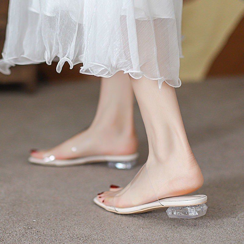 Low heels transparent straps apricot 2cm Women s Fashion Footwear Heels on Carousell