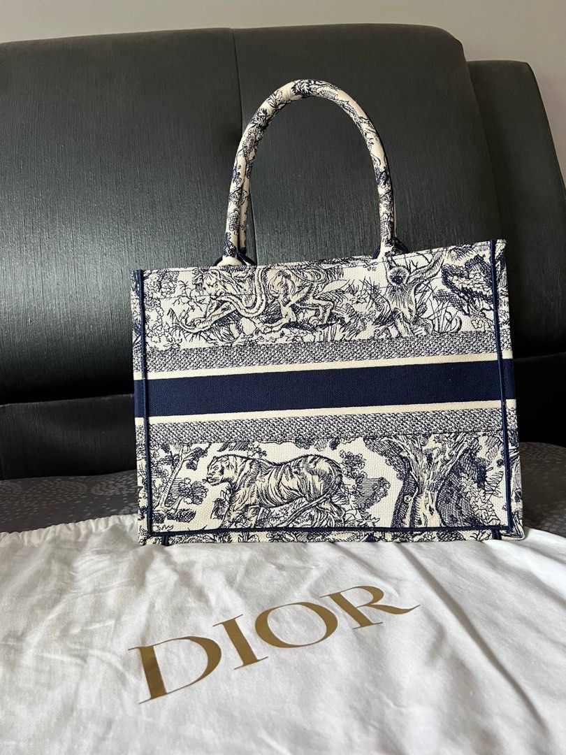 Small Dior Book Tote Ecru and Blue Dior Oblique Embroidery (26.5 x 21 x 14  cm)