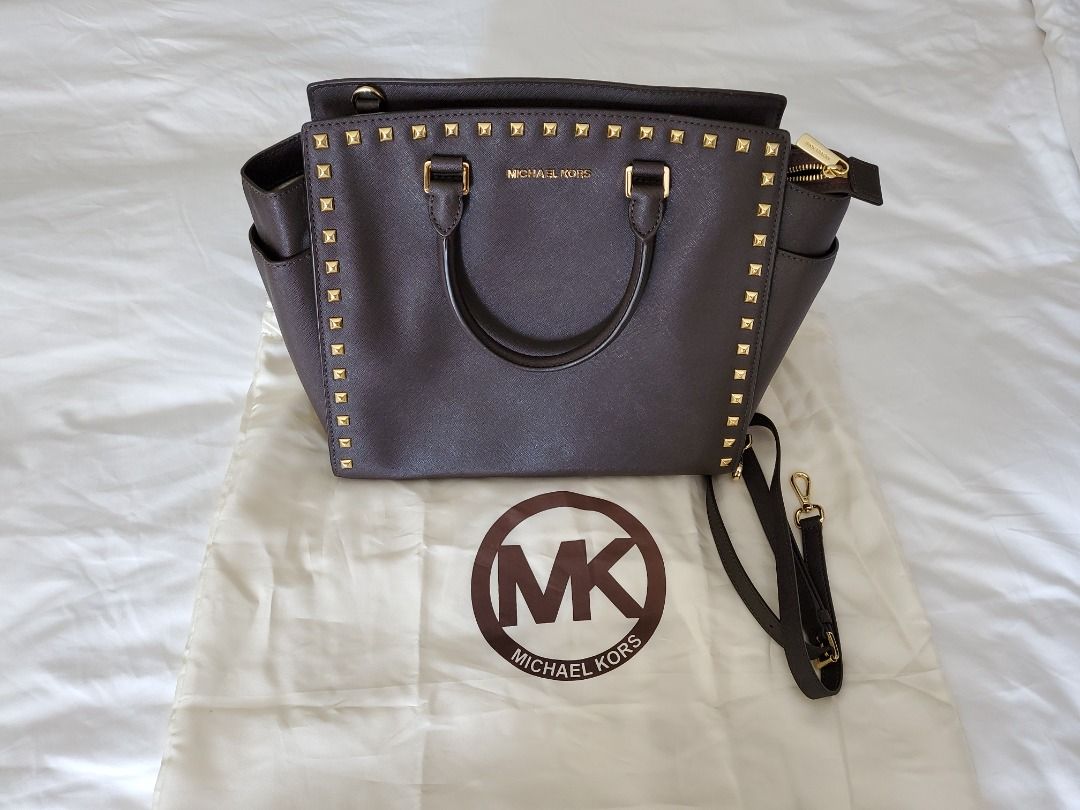 MICHAEL KORS Selma Medium Studded Saffiano Leather Satchel DARK DUNE