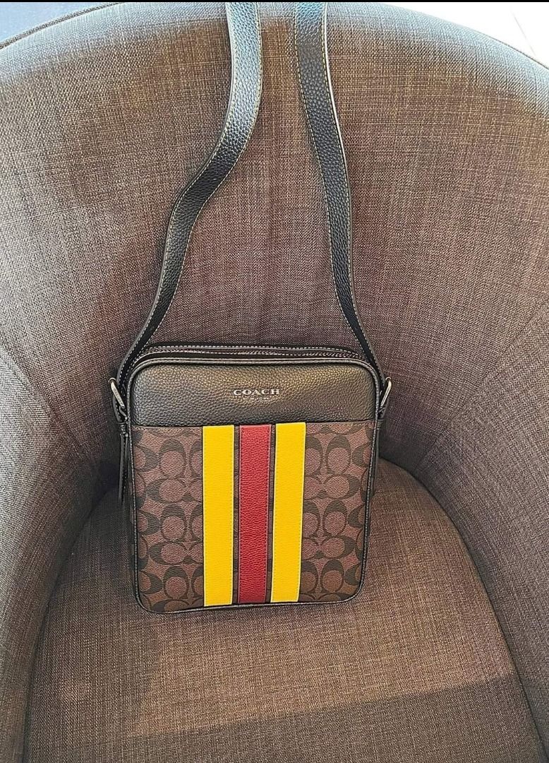 Coach Hudson 21 Khaki Terracotta Signature Varsity Stripe Crossbody