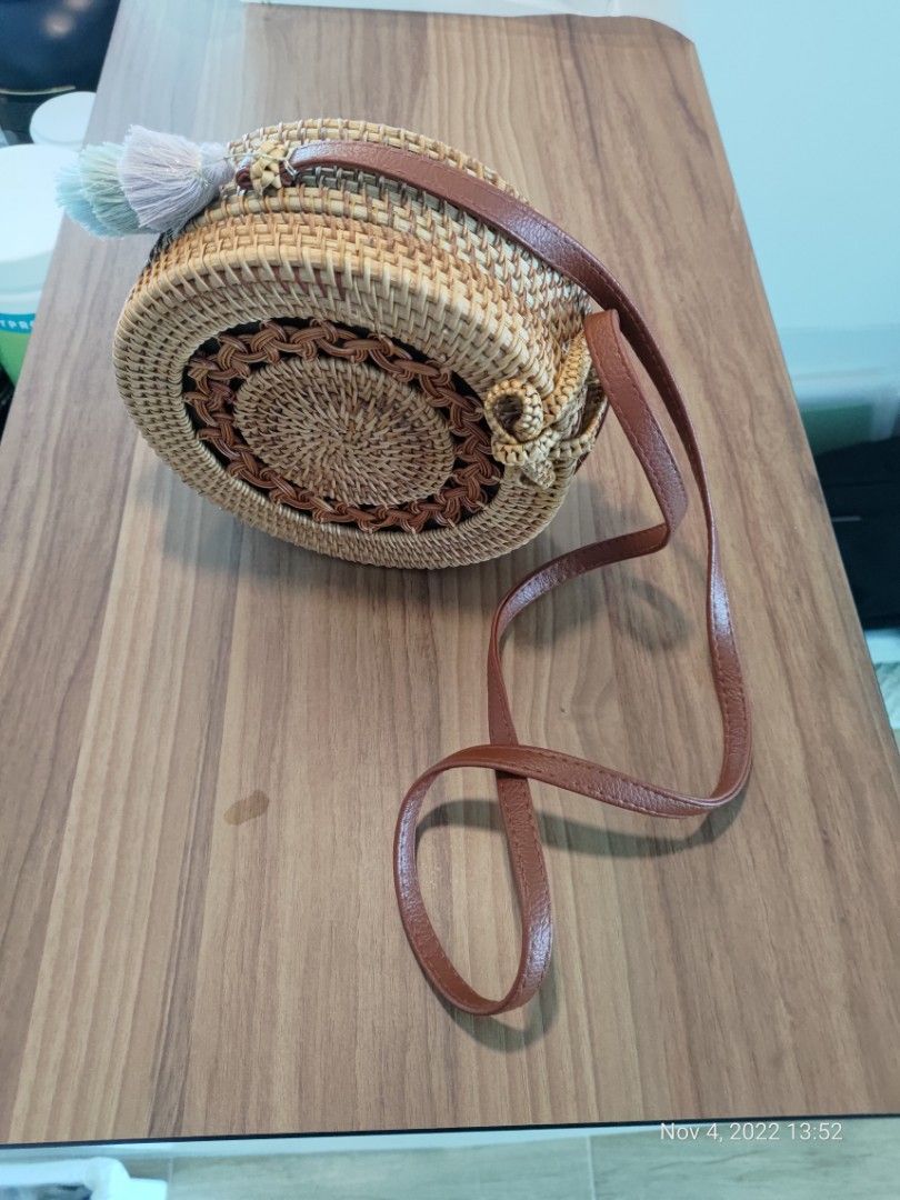 Round Rattan Cross Body Bag, Women's Fashion, Bags & Wallets, Crossbody Bags on Carousell
