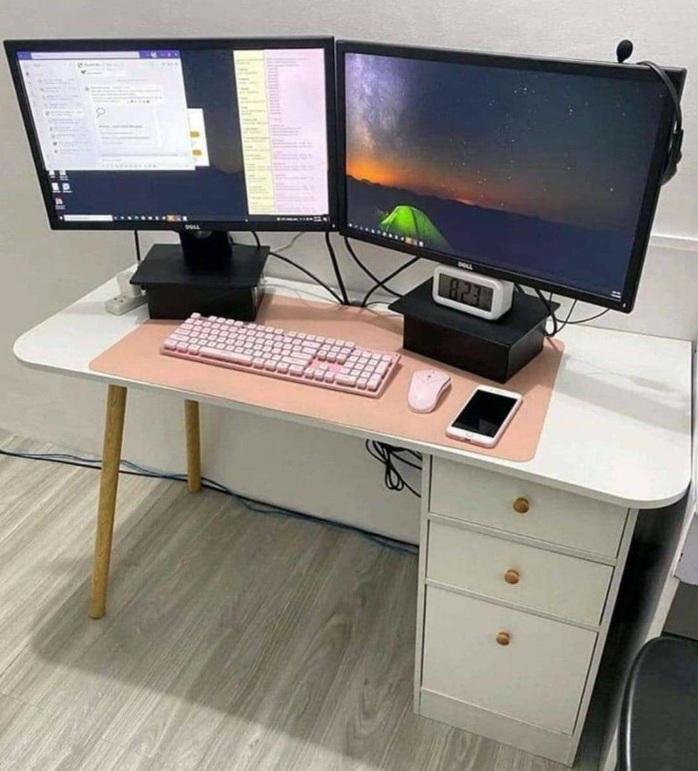 Scandi table.with drawer (Category: Tables & Sets) located in Manila. Submitted by minidivisoria (Listing ID 1194717913, Image 3). Description: Scandi Table With Drawer 120x50x73cm ₱1550 Color:White&wullnut kasya dalawang monitor plus CPU.