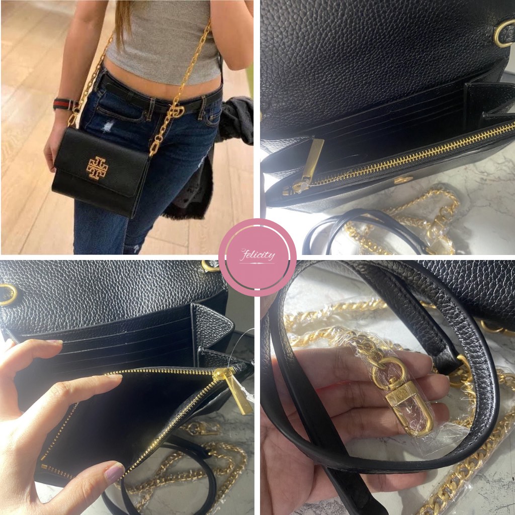 Tory Burch Britten Chain Wallet Black Pebble Leather Crossbody Bag