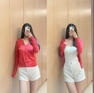 Uniqlo｜純棉柔軟舒膚｜正紅色｜顯白好氣色｜圓領排扣｜針織衫小外套 螺紋縮腰