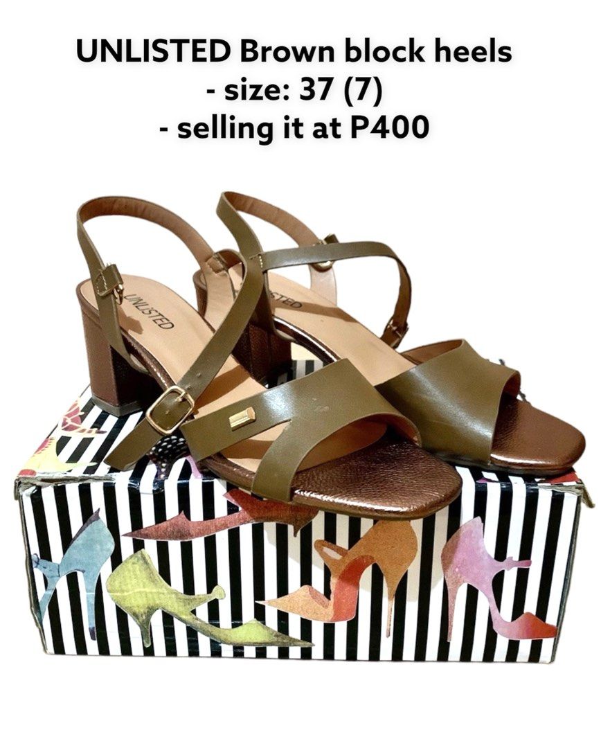 Unlisted Block Heels (Category: Heels) located in Binan City. Submitted by de.clutterbyM (Listing ID 1194670889, Image 1). Description: UNLISTED Brown block heels - used once for an event then stored after - see pictures for minor flaws - size : 37 (7) - bought it at P999 - selling it for P400 📍Biñan, Laguna 📍Shipping via Gogo Xpress or Lalamove 📍No Shopee checkout 📍1 day reservation.