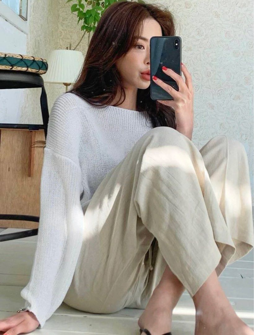 uzzlang white ribbed knit sweater outerwear Women s Fashion Tops