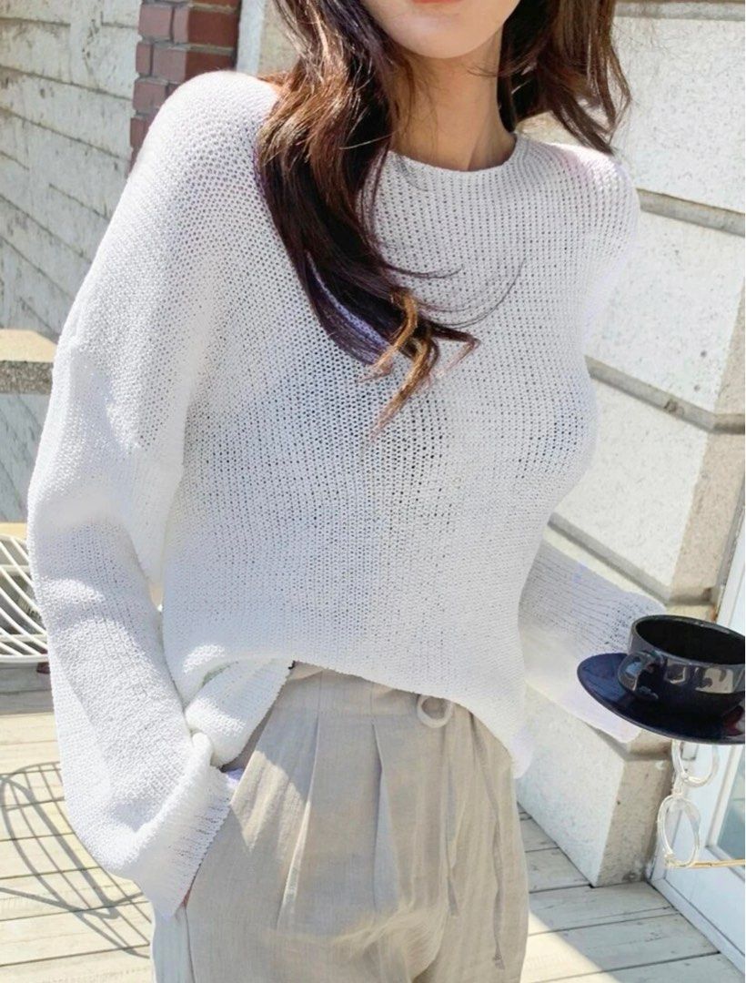 uzzlang white ribbed knit sweater outerwear Women s Fashion Tops