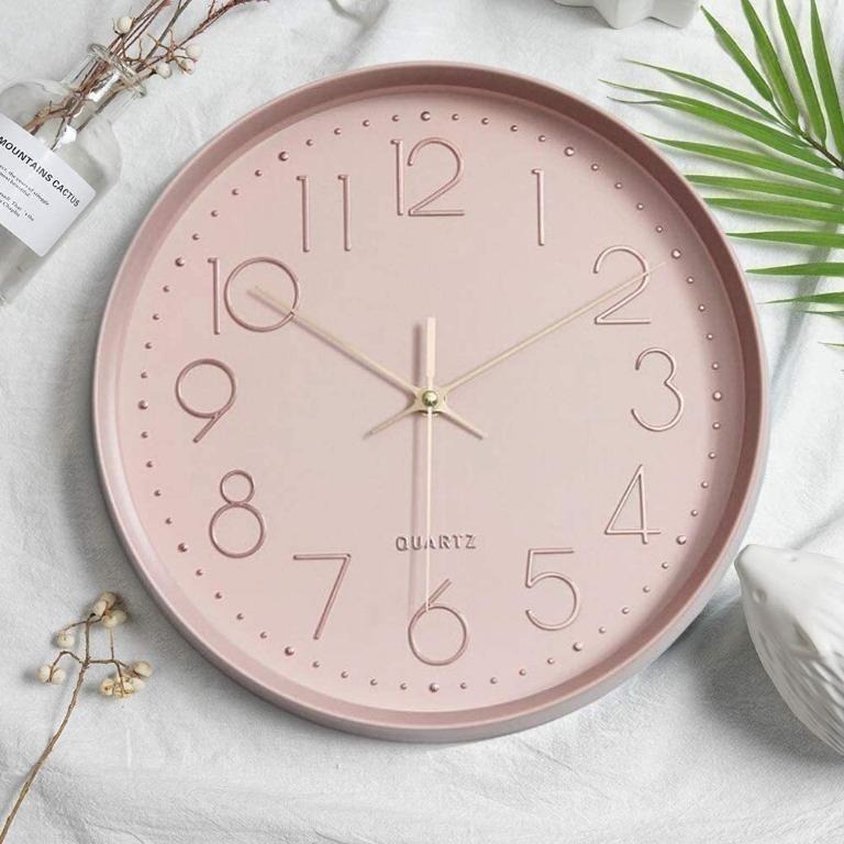 AVEKI Wall Clock, Pink Silent 12 Inch Wall Clock NonTicking Decorative