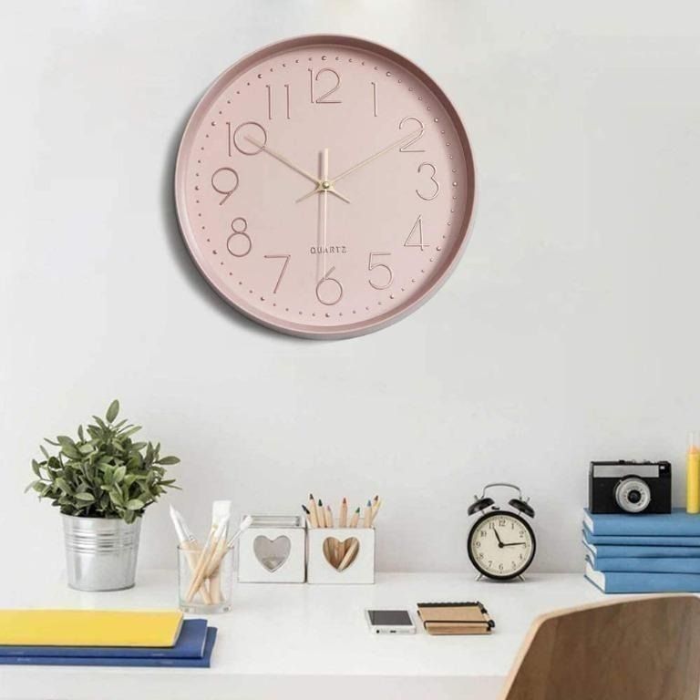 AVEKI Wall Clock, Pink Silent 12 Inch Wall Clock NonTicking Decorative
