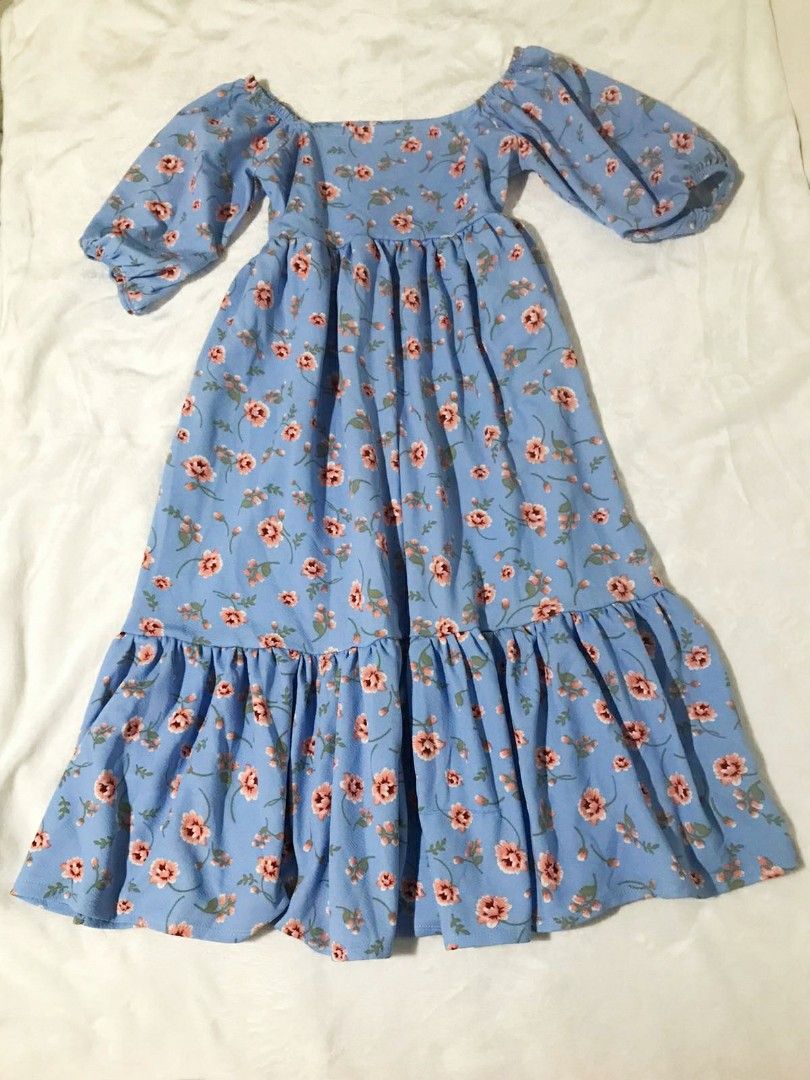 Blue Floral Puff Sleeve Dress, Women's Fashion, Dresses & Sets, Dresses ...