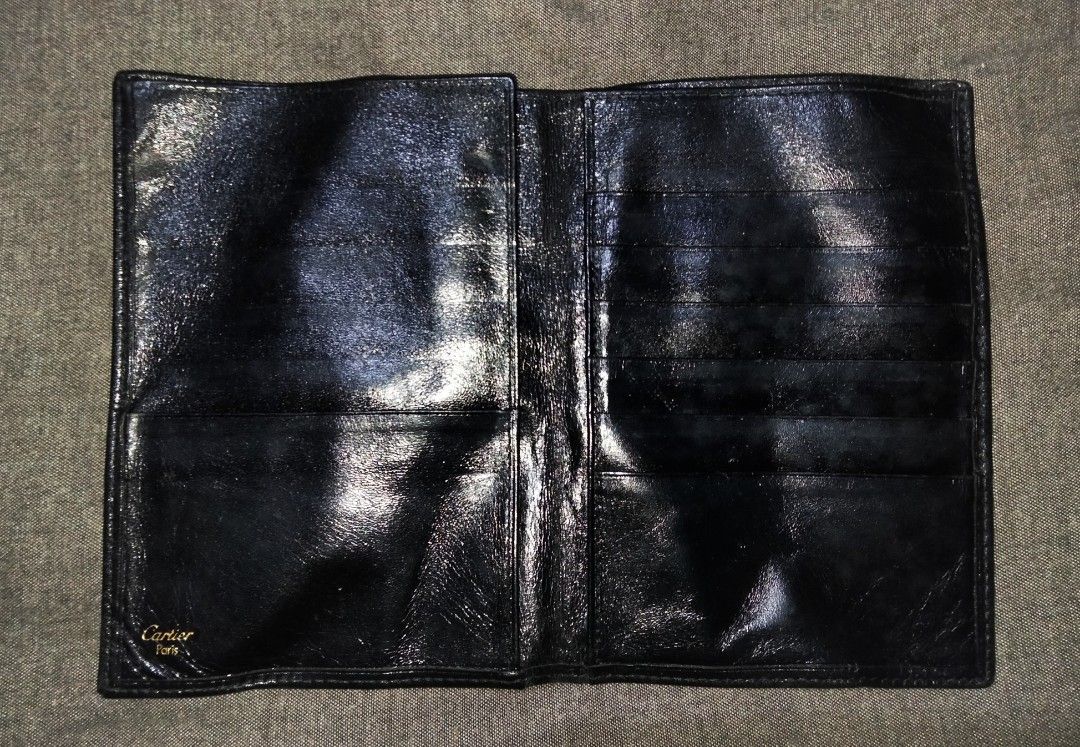CARTIER Pasha Black 24k Gold Leather Passport Billfold ID Wallet