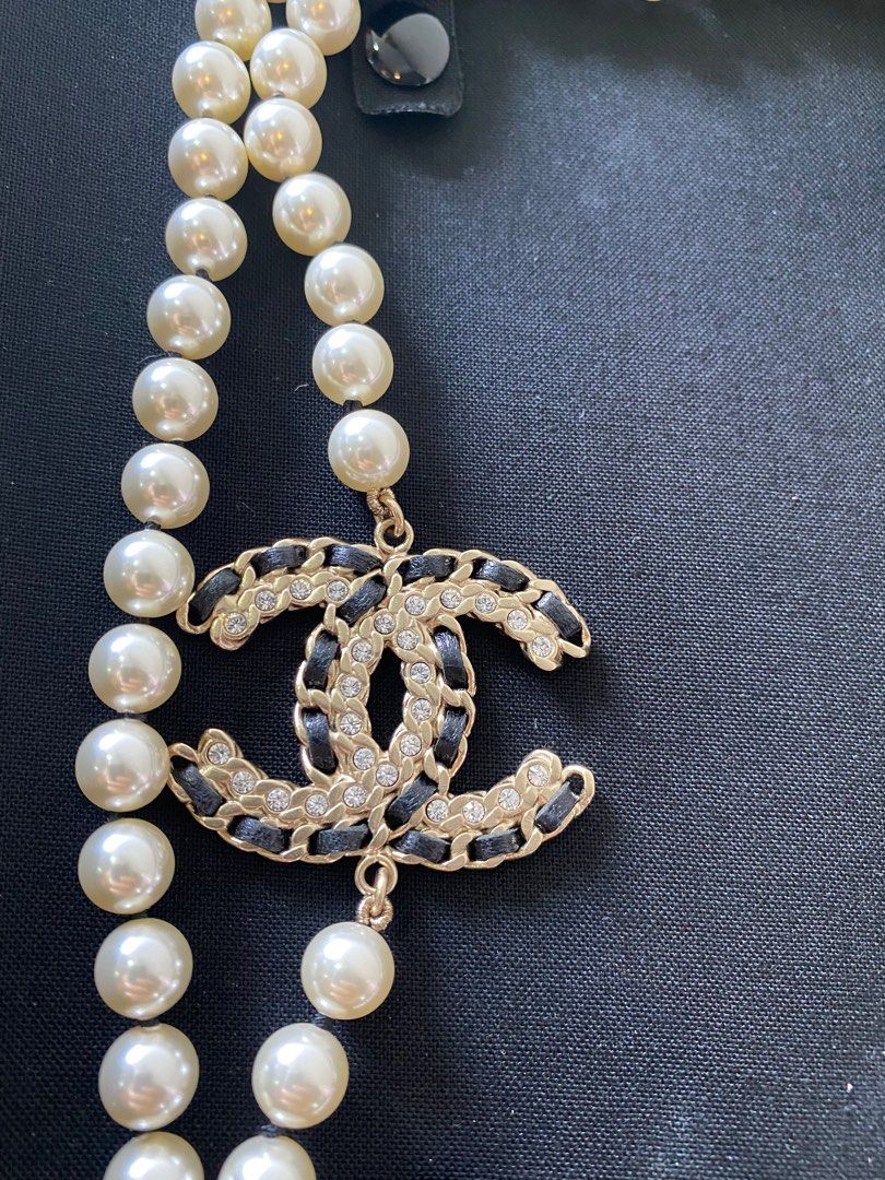 CHANEL, Jewelry, Chanel Gold Cc Glazed Black Lace Pearl Long Necklace  Double Strand Logo Classic