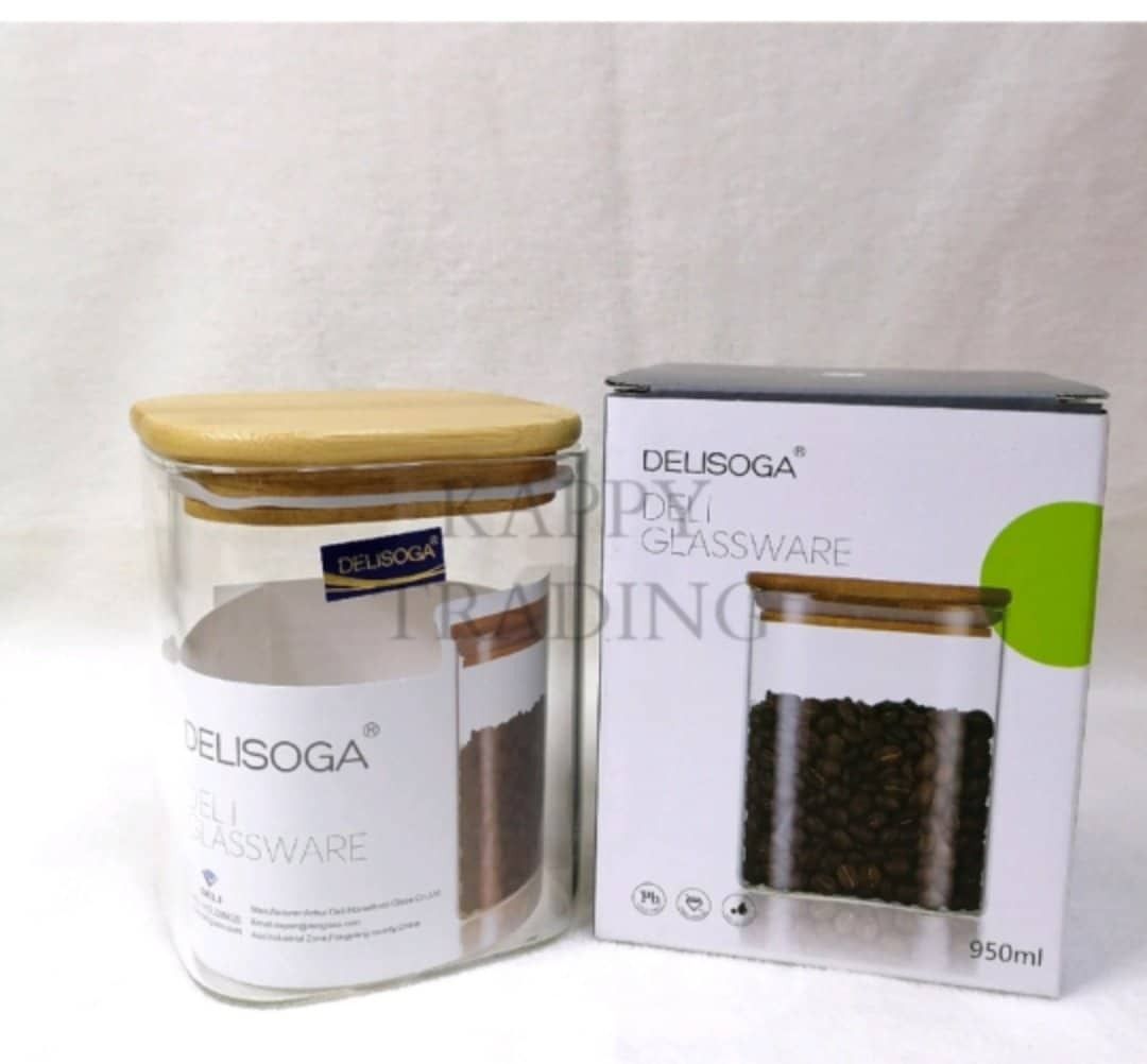 DELISOGA Deli Glassware Glass Jar Container Wooden Lid with Rubber