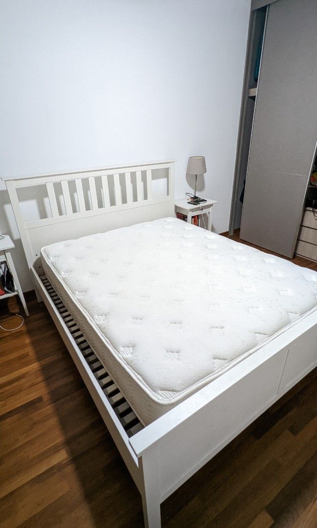 Ikea Queen size bed with mattress and 2x side table, Furniture & Home Living, Furniture, Bed