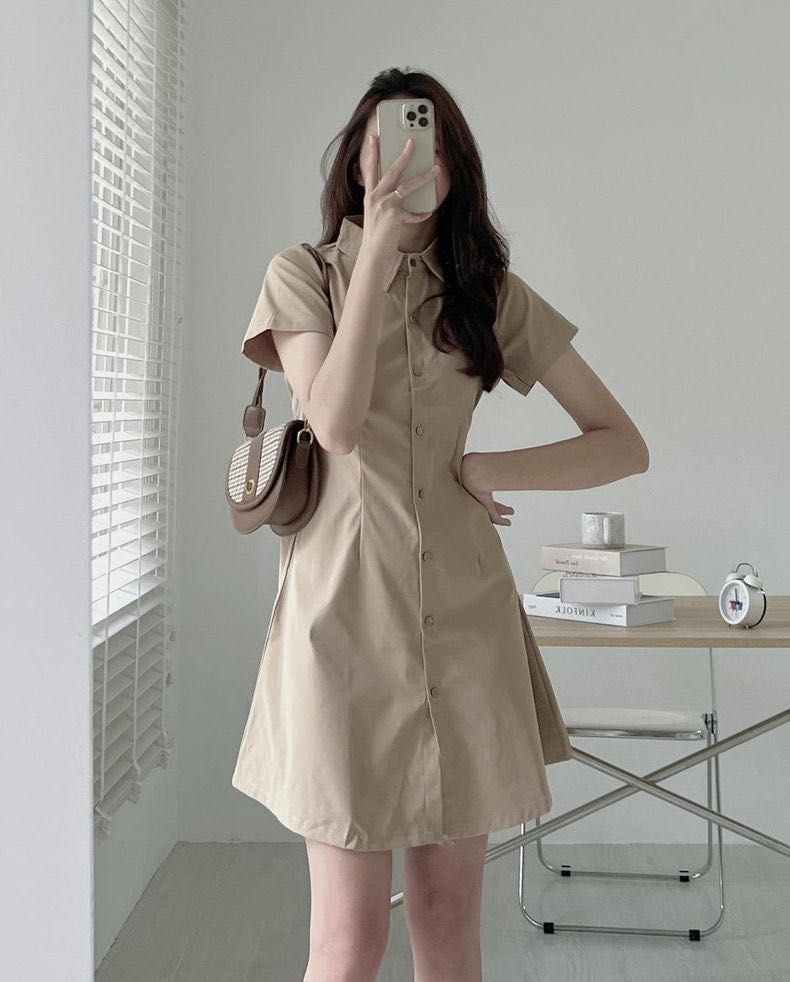 Khaki Button Down Dress Women s Fashion Dresses Sets Dresses on Carousell