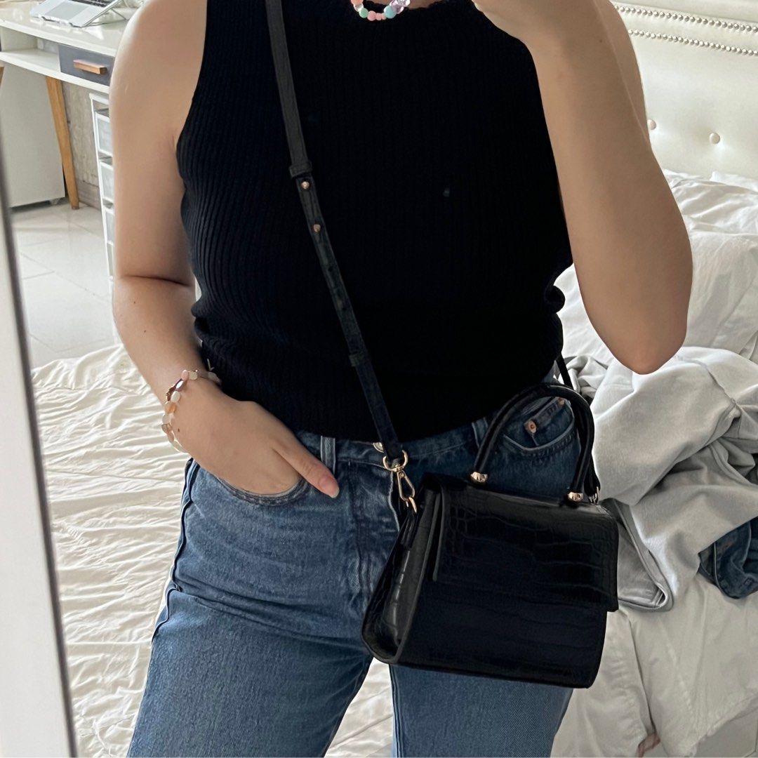Mango black croc textured top sling bag