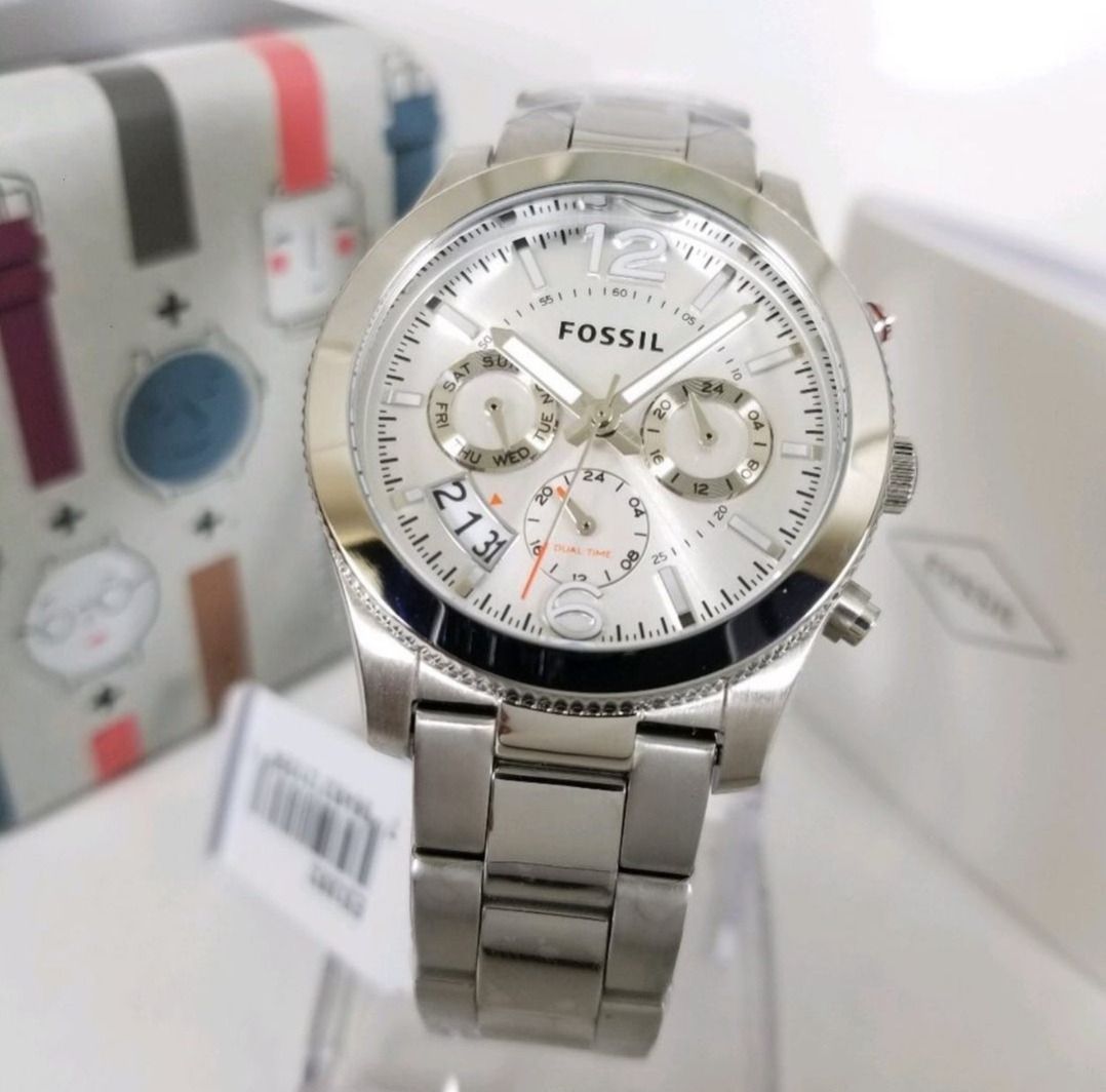 Original Fossil Perfect Boyfriend Silver Dial Ladies Dual Time