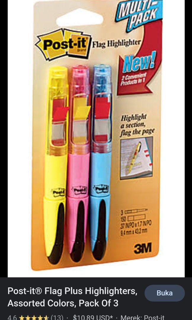 Post it flag highlighter 3m harga satuan, Buku & Alat Tulis, Alat Tulis