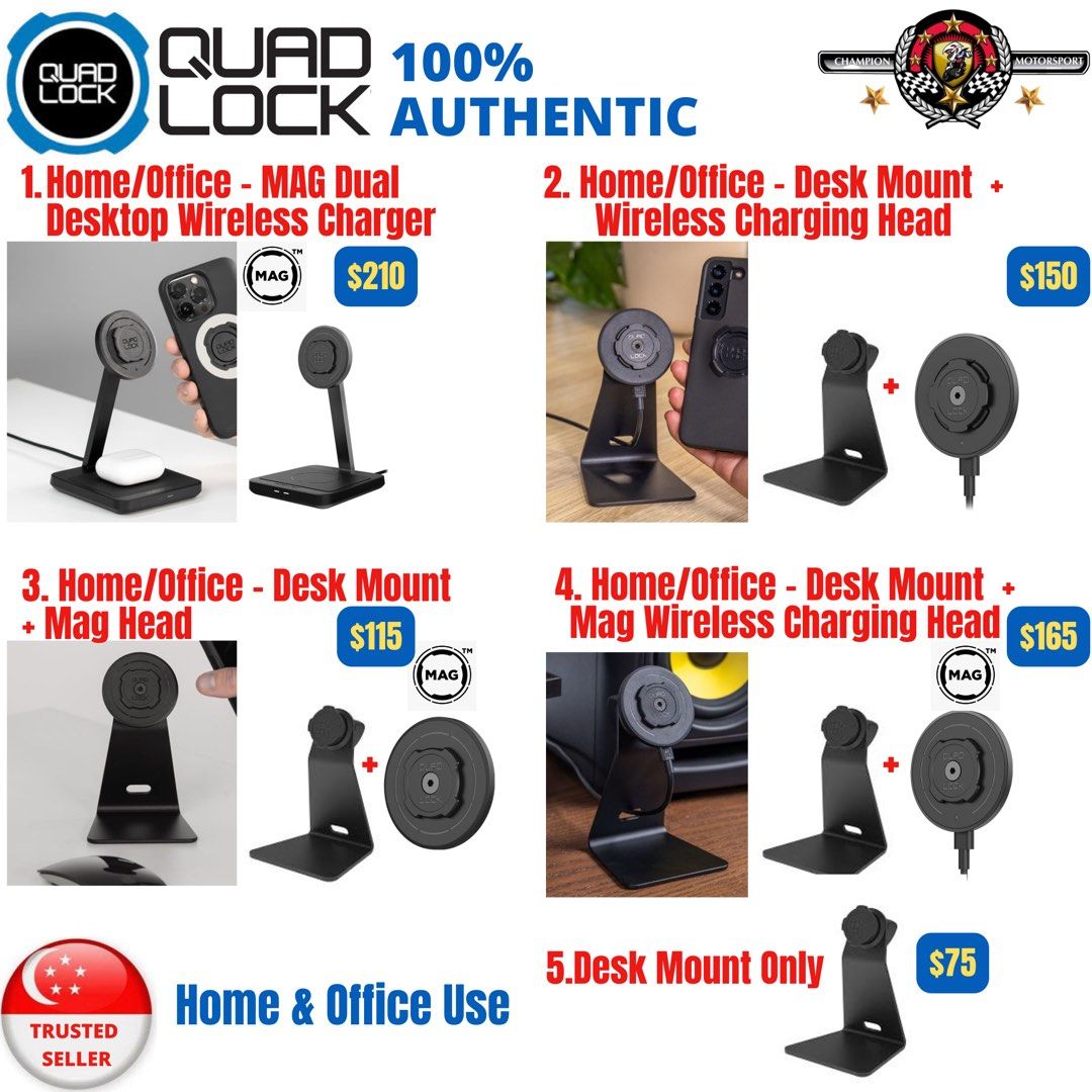 Quad Lock Desk MAG Dual Desktop Wireless Charger/ Desk Mount for Home