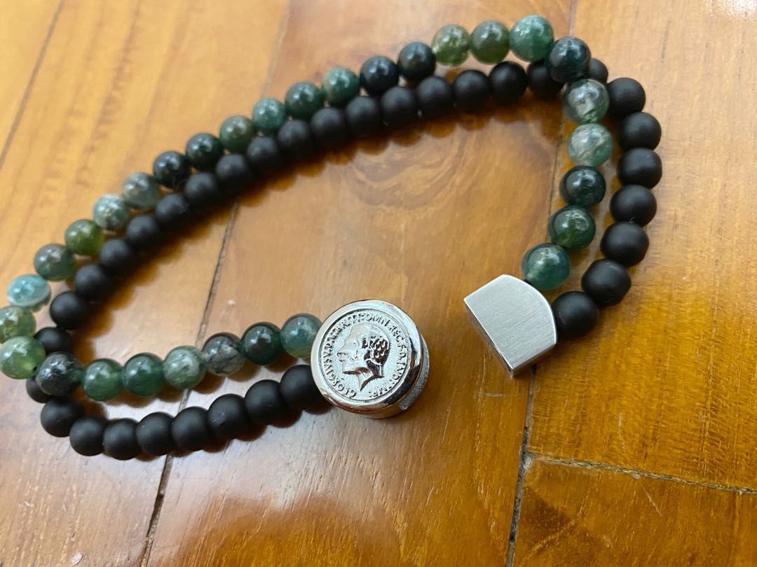 Steve Madden coin green onyx bead double row magnetic clasp stainless steel bracelet Men s Fashion Watches Accessories Jewelry on Carousell