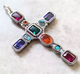 925 Sterling Silver Bohemian Cross Pendant Unique Collection with Real Stones Multicolored Cross Couture Jewelry Best Gift for Her